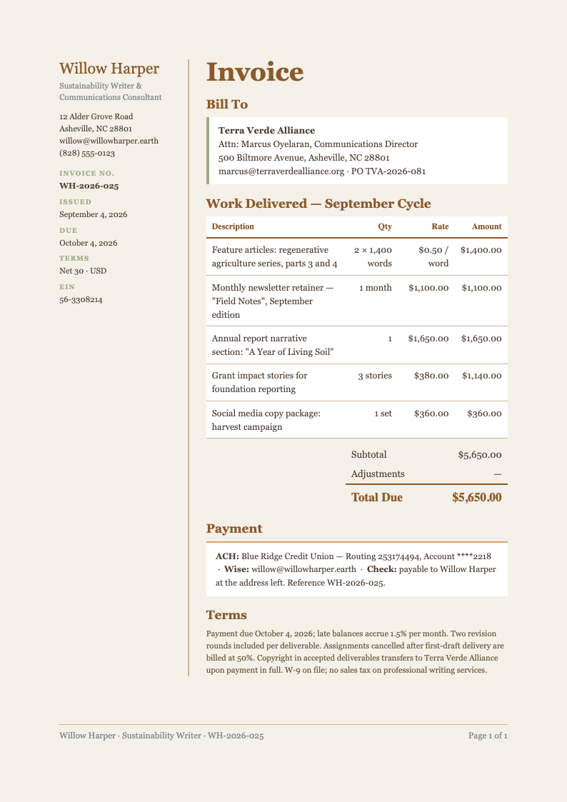 Earth tone natural freelance writer invoice